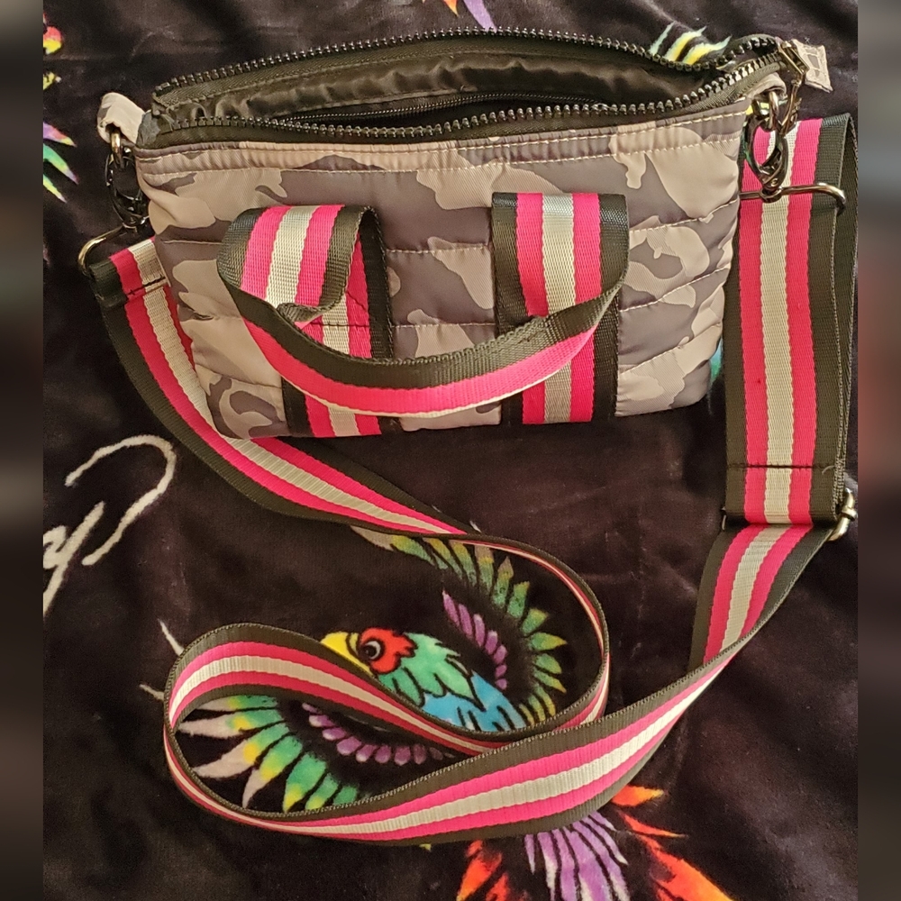THINK ROYLN Pink Stripe Accent Crossbody Bag with Gray Camo